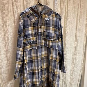 POL Plaid Hooded Long Jacket in Navy, Yellow, White